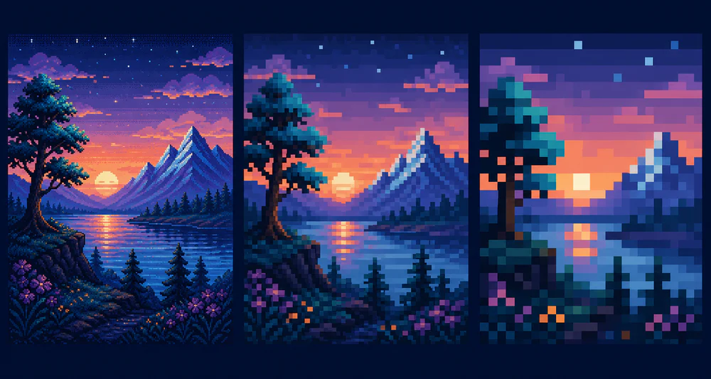 One landscape rendered with three different pixel block sizes