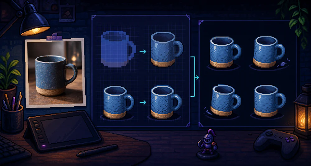 A photographed object becoming a consistent pixel art sprite sheet