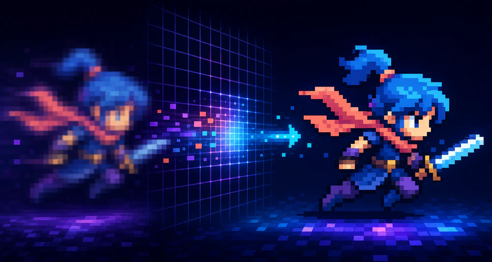 A blurry game character becoming crisp through a pixel grid