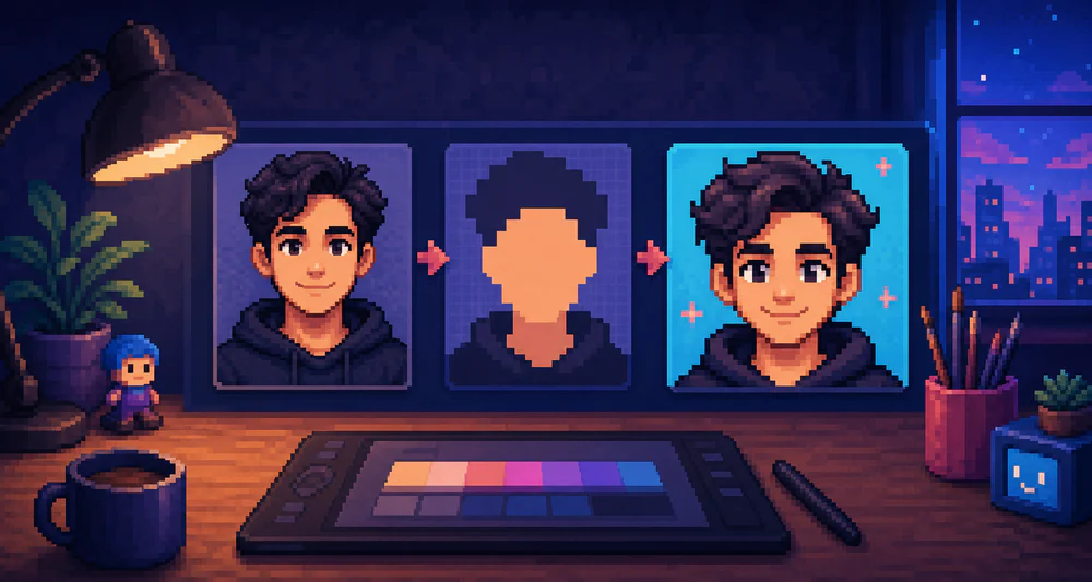 A portrait simplified into a friendly square pixel art avatar