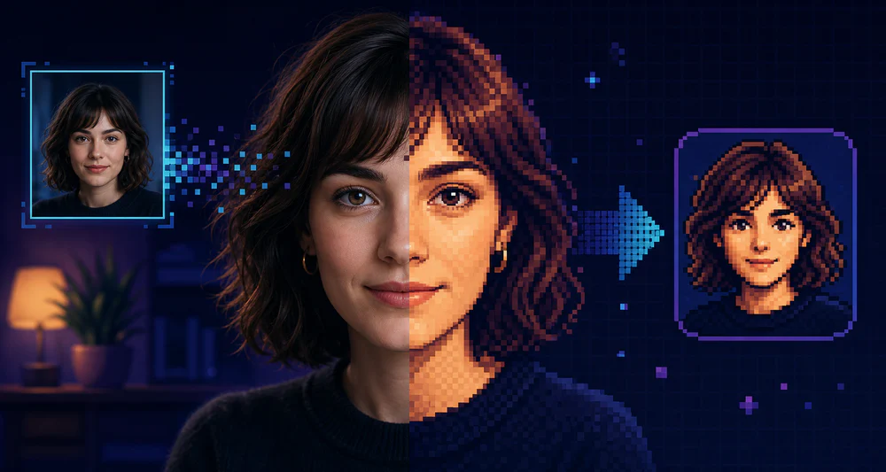 A portrait changing from a photograph into crisp pixel art