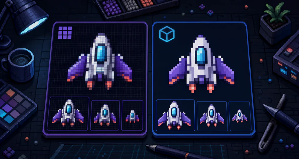 The same pixel spaceship prepared as raster and vector exports