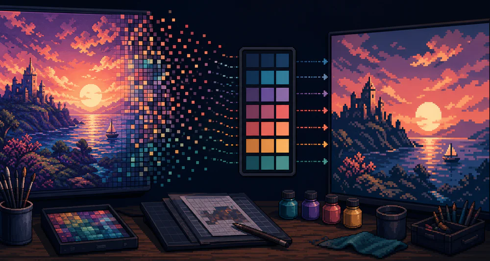 A colorful image being reduced to a compact pixel art palette