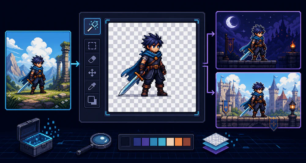 A pixel character isolated on transparency and tested on two backgrounds